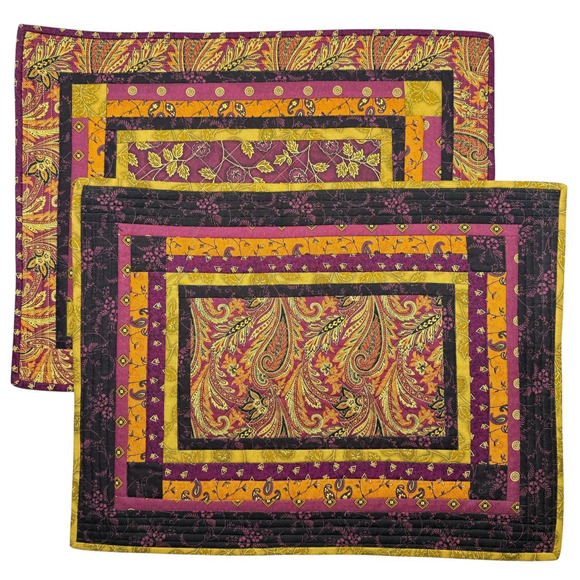 Hand Made Reversible Placemats Paisley Large 20x15 2 pc Coordinating Patterns - Picture 1 of 8